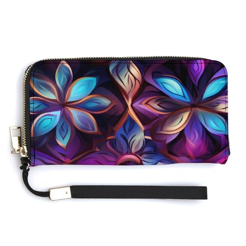 Colorful Geometry Flowers Leather Wallet Fashion Bifold Purse Long Pouch with Wrist Strap for Men Women