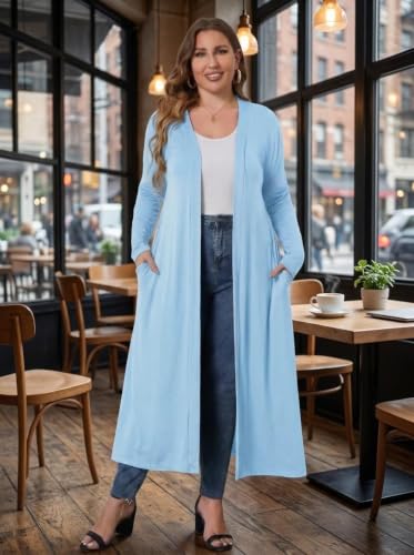 Image of Women Plus Size Floor Length Open Front Drape Cardigan Lightweight Long Sleeve Maxi Duster with Pockets 1X-5X