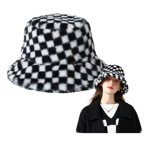 Eliaukly Womens Winter Fluffy Bucket Hat Checkered Pattern Winter Faux Fur Bucket Hat Fluffy Warm Hat for Women Men (Black-White)