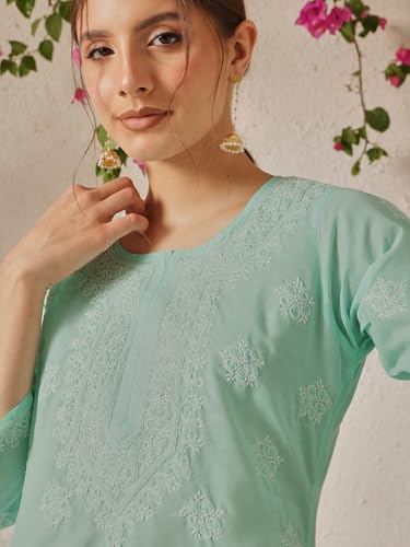 Image of Ada Hand Embroidered Lucknow Chikankari Straight Round Neck Cotton Blend Short Kurti Tunic Top for Women A911333
