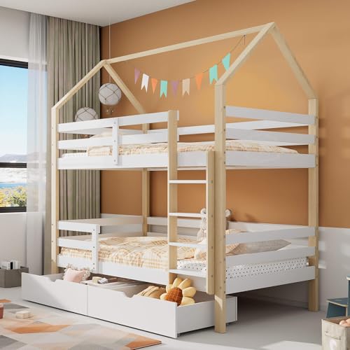 MQGPM Litera 90 x 200 cm con cajones y somier, litera con escalera y protección anticaídas, cama para niños y adolescentes, color blanco