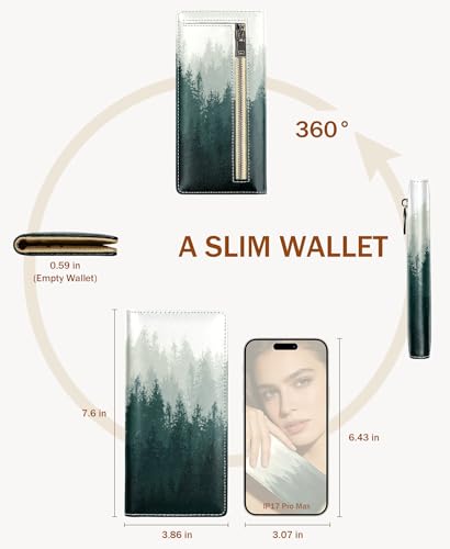 Image of Immaturus Forest Tree Womens Wallet, Slim Thin RFID Blocking Card Wallets, Bifold PU Leather Credit Card Holder Organizer, Cute Cash Clutch Long Billfold with Zipper Coin Pocket Ladies Girls Gift