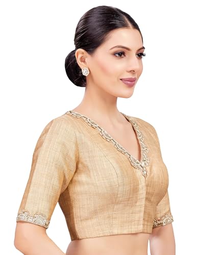 Image of Studio Shringaar Crepe Women's Linen Brocade Embroidered V-Neck Readymade Saree With Elbow Length Sleeves Blouse