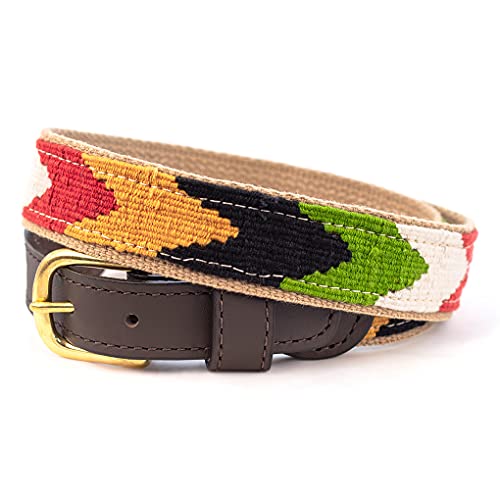 A Tail We Could Wag Cotton & Leather Belt - Handmade Guatemalan Cotton Weave with Colorful Patterns & Solid Brass Buckle | Chevron | Harvest, 34