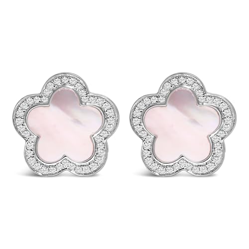 14K White Gold Mother of Pearl and 1/5 Cttw Diamond Halo Star Stud Earrings