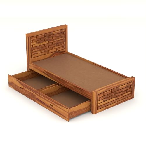 Image of Solid Sheesham Wood Single Size Bed with 2 Drawer Storage Wooden Single Cot Bed for Home Living Room Bedroom Guest Room Hotel (Honey, Size 6 * 4)