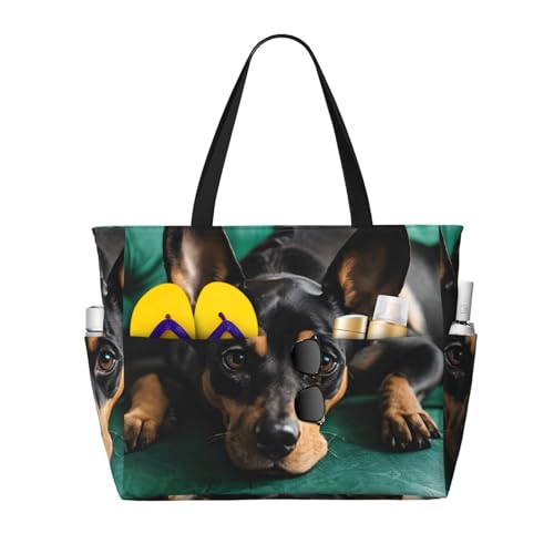 (Dachshund Dog) Large Beach Tote Bag for Women Waterproof Sandproof Travel Shoulder Bag with Pocket for Pool Vacation Weekend Gym