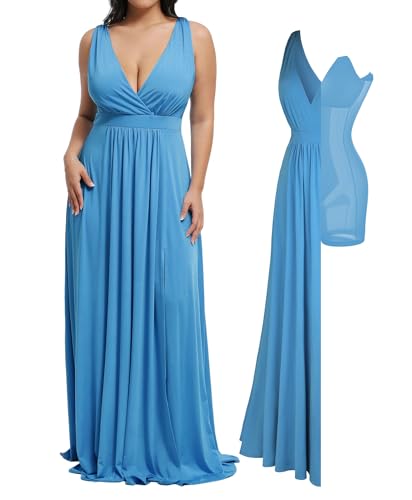 Image of Popilush Women Formal Wedding Guest Dress - Shapewear Bridesmaid Dresses Built-in Bra Floor Length Prom Dress with Tie