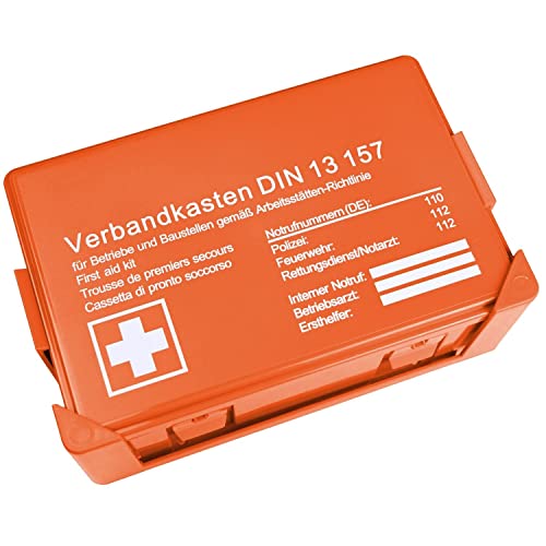 Boîte de premiers secours DIN 13157:2021 avec support mural, boîte de secours conforme à l'ASR avec numéro d'appel d'urgence, ici