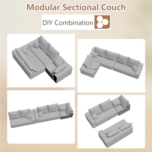 Image of Oversized Modular Sectional Sofa Couch, Large 5 Seater Corner Sofa Modern V Shaped Sectional Couch Cloud Couches for Living Room, Office, Spacious Space, Corduroy, No Assembly Required, Light Grey