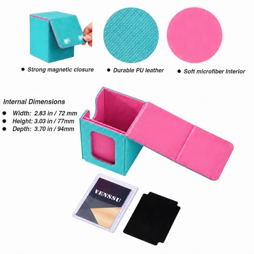 Image of Venssu MTG Deck Box for Commander Display,Card Deck Box Fits 100 Double Sleeved Cards,TCG with 2 Dividers and 1 Toploader (Turquoise and Pink)