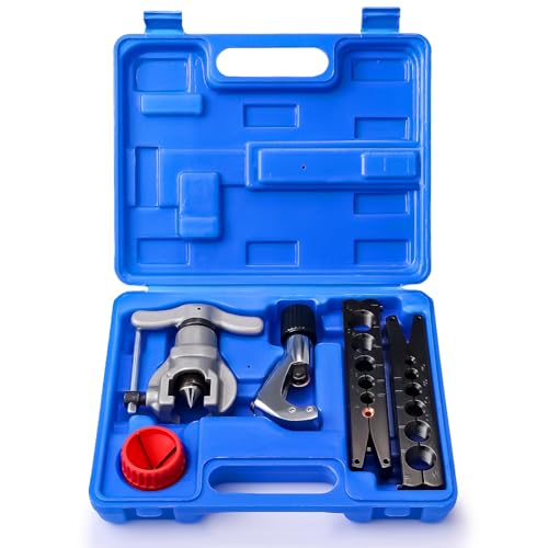 Image of TURBRO HVAC FlaringTool Kit for 1 /4 to 3 /4in Pipes, 45 Degree Eccentric Cone Type, 2 Flaring Splints, Single Flaring Tool with a Pipe Cutter and Deburring Reamer, for Copper and Aluminum Pipes