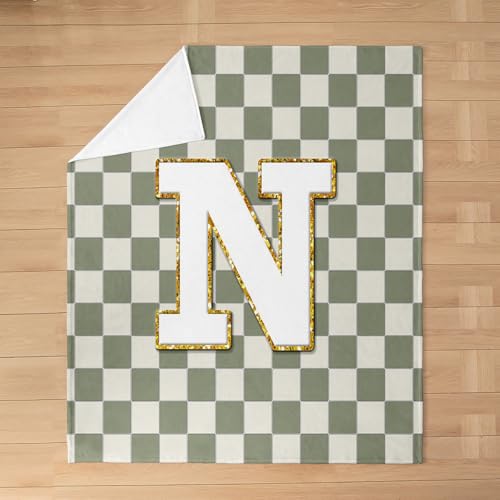 Image of Erosebridal Sage Green Checkered Fleece Blanket Throw 50 inchx60 inch Plaid Initial N Flannel Blanket Personalized Monogram Fuzzy Plush Throw for Kids Boys Girls,Fashion Grids Gingham Decor for Bed Couch