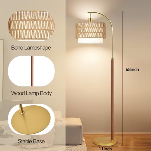 Image of ZECOXOL Boho Floor Lamps for Living Room Wood Floor Lamp with Remote Control,Dimmable Rattan Floor Lamps Farmhouse Gold Standing Lamp with 3 Color Temperature Tall Arc Floor Lamp for Bedroom Corner