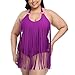 Pretty Tassel Padded Bikini Bandeau Fringe One Piece Swimsuits, Purple, Asian XXXL = US XXL