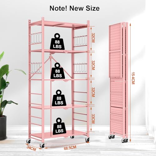 Image of Himix 5-Tier Folding Storage Shelves with 20 Hooks Wheels Home Pink | Folding shelving units, Metal collapsible organization, Wire shelf, No assembly, Kitchen, Room, Holds 440 Ibs No assembly