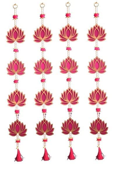 Virushka Charkha 4 Tier MDF Floral Pink Lotus Hangings for Decoration| Wall Hangings with Tussle|Door Hanging |Hangings for Door Entrance|Lotus Size 4 Inch - Latkan Size 30 Inch|Color -Pink|4 Strings|