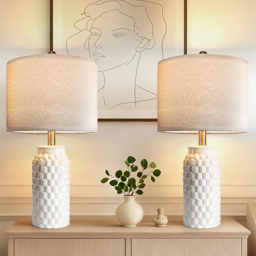 Apsung Bedside Lamps Set of 2 – Bedside Table Lamp for Bedroom with 3 Color Temperatures, 52cm Ceramic Tall Nightstand Lamps with Flaxen Fabric Shade, Table Lamps for Living Room, Home Office