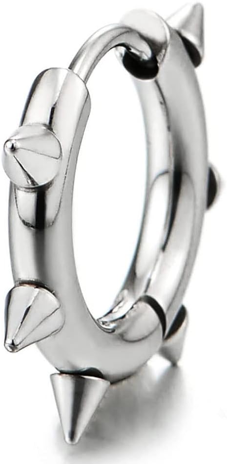 Pair Stainless Steel Spike Circle Huggie Hinged Hoop Earrings Men Women - Image 2