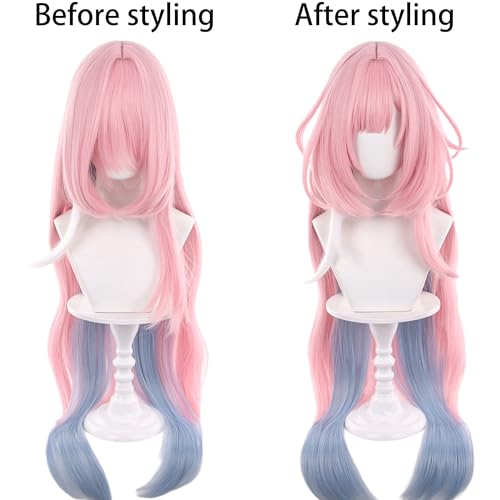 Image of Demiurge Pink Blue Gradient Wigs Women Long Straight Wig with Bangs Layered Haircut Adult Beauty Female Cosplay wig Game Halloween,Christmas,Comic con,Game Show,Party