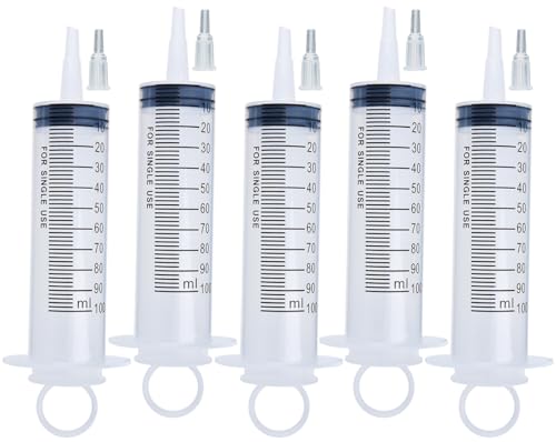 5 Pack 100ml Syringes with Tip Adapters, Large Garden Syringe for Scientific Labs, Nutrient Measuring, Watering, Refilling