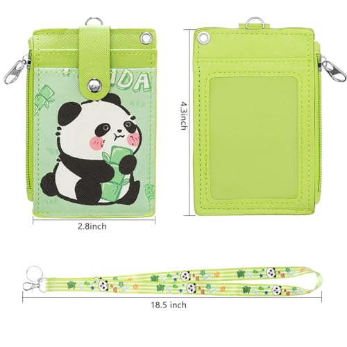 Image of ID Badge Holder with Lanyard,Cute Panda Work Badge with Zipper Pocket, 2-Sided Functional Card Wallet with 3 Card Slots and Detachable Keychain for Teacher Student Nurse Worker (Green)