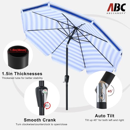 Image of ABCCANOPY 7.5ft Patio Umbrella, Outdoor Table Umbrella with Push Button Tilt and Crank for Patio Pool Garden Deck (Blue White)