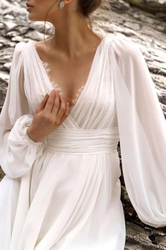 Zepumen Women’s Brown Long Lace Chiffon Beach Wedding Dresses V Neck Boho Formal Bridal Gowns For Women A-Line Princess Prom Dress Us14 #TOP23