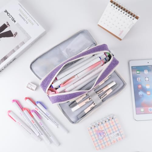 Image of iSuperb Large Pencil Pouch 3 Compartments Pencil Case Big Capacity Pencil Bag for Kids Teen Girls Boys Student School Supplies Pen Organizer Holder Bag (Purple)