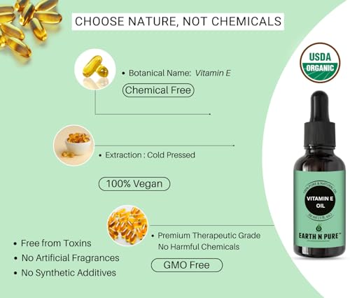 Image of Earth N Pure Vitamin E Oil Therapeutic Grade for Skin, Hair and Nails with Glass Dropper - 100 ml