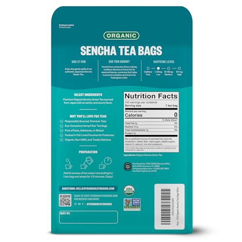 Image of FGO Organic Sencha Green Tea, 100 Count, Eco-Conscious Tea Bags, Resealable Bag, Sourced From Japan, Packaging May Vary (Pack of 1)