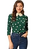 Allegra K Women's Polka Dot Top Casual Peter Pan Collar Blouse 3/4 Sleeve Tops Spring Summer Clothes X-Small Dark Green