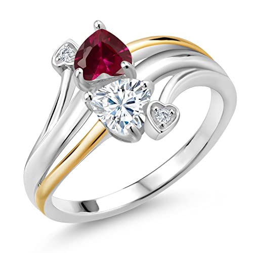 925 Sterling Silver and 10K Yellow Gold Red Created Ruby Created Moissanite and Lab Grown Diamond 2 Heart Promise Couple Engagement Mother Ring (1.12 Cttw, Available In Size 5, 6, 7, 8, 9)