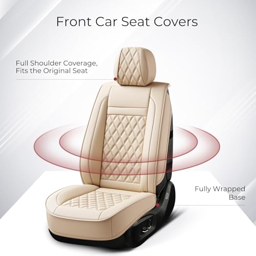 Image of Huidasource Beige Car Seat Covers Front Seats, Front Seat Cover for Cars, Nappa Leather Automotive Car Seat Cushion Protector Universal Fit for Most Cars,Vans,Trucks, SUVs (Front Pair /Beige)