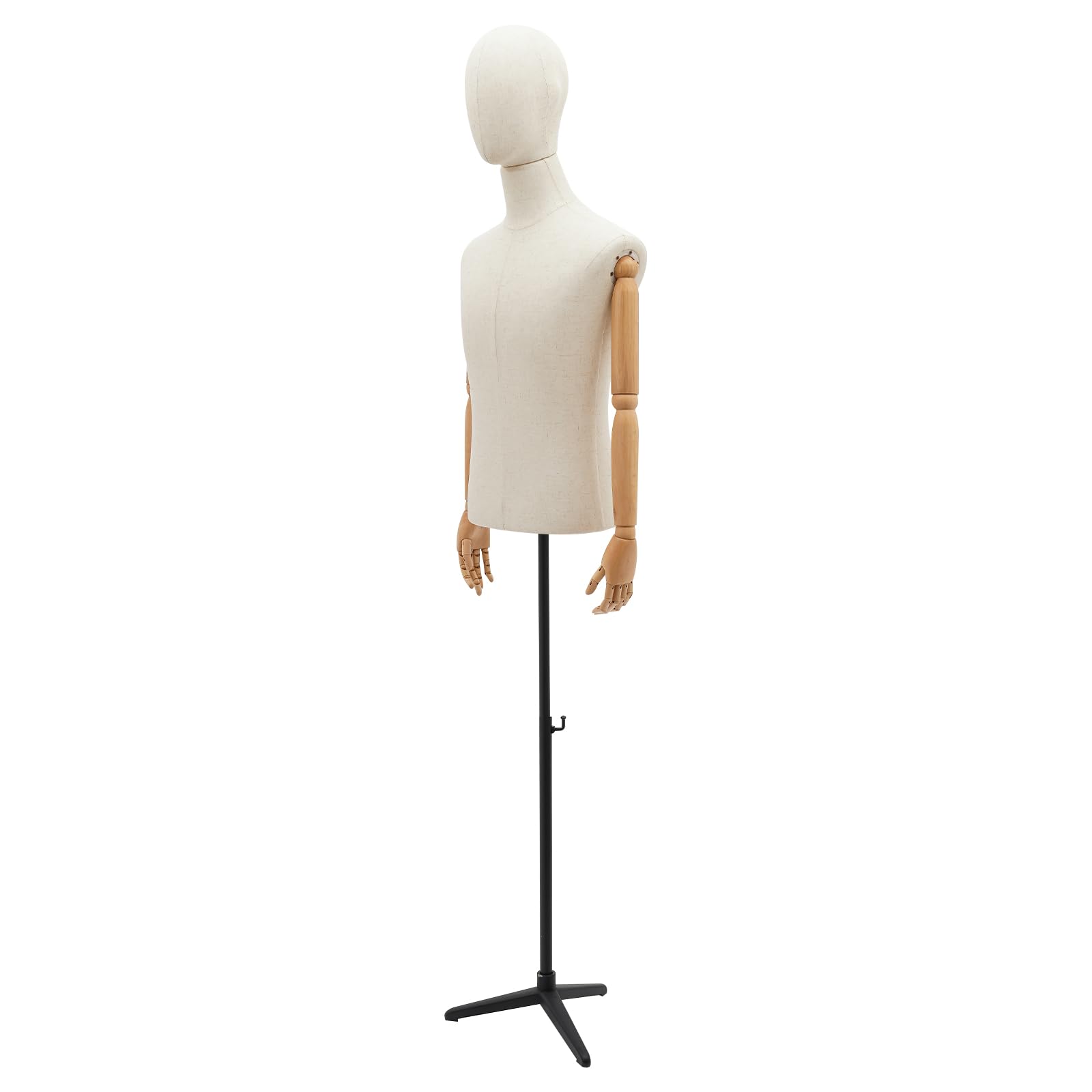 GEYOPMID Adjustable Mannequin, Mannequin Body Female Dress Form Linen Fabric Manikin Torso with Detachable Head Adjustable Height Metal Stand, Two Wooden Hands