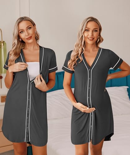 Image of Ekouaer Womens Nightgown Button Down Sleep Shirts Short Sleeve Nightshirt V-Neck Sleepdress Soft Sleepwer