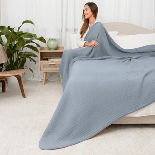 Image of Comfy Cubs Muslin Blanket for Adults King 108 inch x 90 inch - 6 Layer Soft, Breathable & Lightweight Muslin Adult Blanket - Machine Washable & Designed in The US Bedding for All Seasons - Pacific Blue