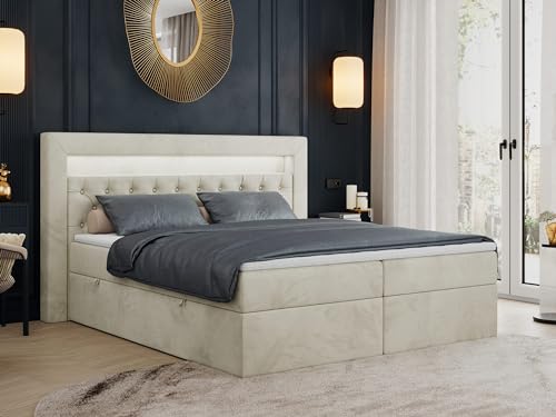 MKS MEBLE Boxspringbett 200x200 mit Led Beige Samt, Bett 200x200 mit LED Kopfteil, Multipocket Matratze H3, Doppelbett mit Bettkasten Stauraumbett - Gold-6 - Beige Velvet