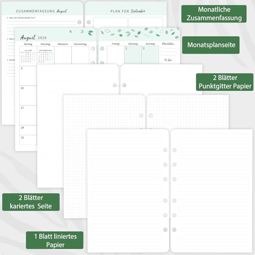 Indeme Wochenplaner 2026 2027 Einlage A5, 1 Woche 2 Seiten mit Tabs, Monatliche Seite 14x21cm, Kalendereinlagen 6 Löcher, Doppelfarbiges Design