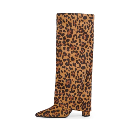 Image of Modatope Knee High Boots Women Fold Over Knee High Boots Chunky High Heels Long Boots Zipper Pointed Toe Dress Tall Boots for Women