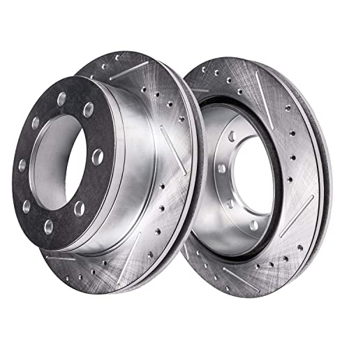 Image of Detroit Axle - 4pc Rear Brake Kit for 2005 2006 2007 Ford F-250 F-350 Super Duty, Drilled and Slotted Disc Brake Rotors Ceramic Brakes Pads with Hardware Replacement : 13.38 inch inch Rotor