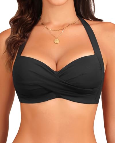 Yonique Women Halter Bikini Top Push Up Swimsuit Top Retro Swim Top Twist Front Bathing Suit Top Only
