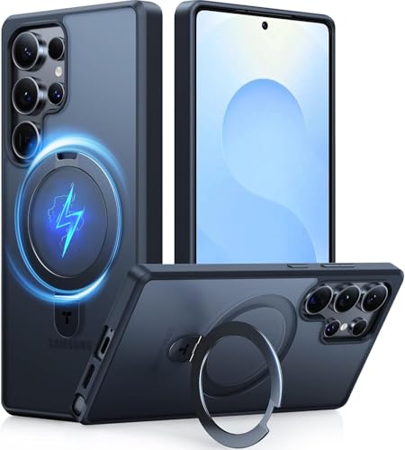 Image of DIZORO Polycarbonate Magnetic Ostand Ring Basic Case Fit For Samsung Galaxy S24 Ultra Case Compatible With Magsafe & Wireless Charging,Military Grade Drop Tested,Translucent Hard Back Soft Edge(Black)