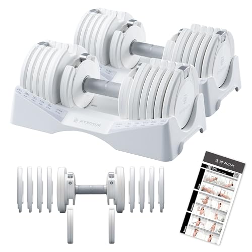 BYZOOM FITNESS Pure Series Adjustable Dumbbell 27.5LB Pair Set of 2 - 10-in-1 Adjustable Weights with Precision Micro Plates, for Strength Training & Fitness Workouts at Home Gym, Garage Gym, Small Apartments, White
