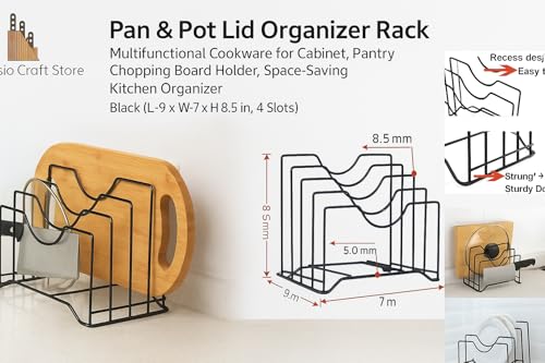 Image of Craft Expertise Black Iron 4-Slot Pan & Pot Rack Organizer - Kitchen Lid Holder, Chopping Board Stand & Multi-Purpose Dish Rack, Heavy-Duty Cookware Storage (9 x 7 x 8.5 Inches)