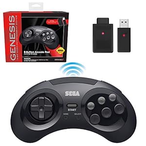 Retro-Bit Sega Genesis 2.4 GHz Wireless Controller 8-Button Arcade Pad for Sega Genesis Original/Mini, Nintendo Switch, PC, Mac – Includes 2 Receivers & Storage Case – Black