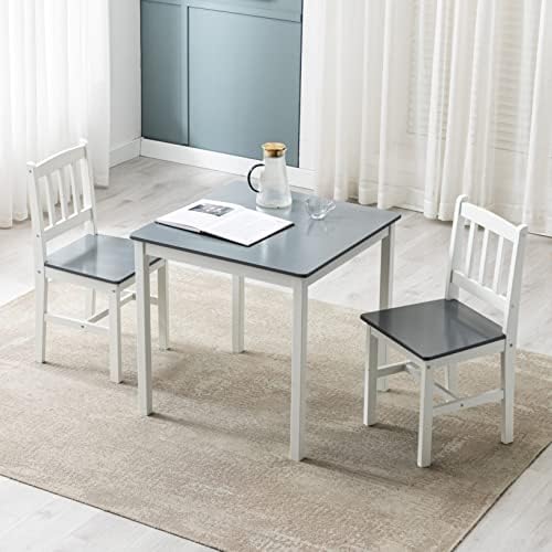 mcc direct Classic Solid Wooden Dining Table and 2 Chairs Set Kitchen Home 2+1 (Grey)