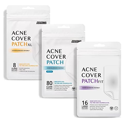 AVARELLE Pimple Patches Hydrocolloid Acne Patches, Acne Spot Treatment for Blemishes and Zit with Tea Tree Oil, Calendula Oil and Cica Oil for Face, Vegan, Cruelty Free (8 XL + Fit + 80 CT) Cover