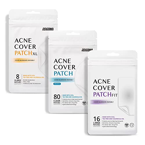 AVARELLE Pimple Patches Hydrocolloid Acne Patches, Acne Spot Treatment for Blemishes and Zit with Tea Tree Oil, Calendula Oil and Cica Oil for Face, Vegan, Cruelty Free (8 XL + Fit + 80 CT)