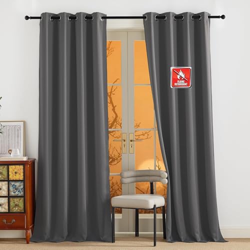 NICETOWN Fire Resistant Grey Blackout Curtains & Drapes 95 inches Long 2 Panels for Office and Factory, 52 x 95 Room Divider Room Darkening Window Tre